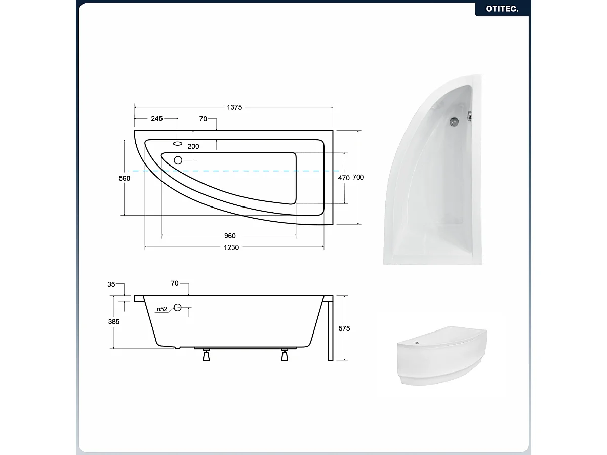 Baignoire asymétrique - 140 x 70 cm - Droite - sans Habillage - avec Pieds - Vidage Chrome - PRAKTIKA