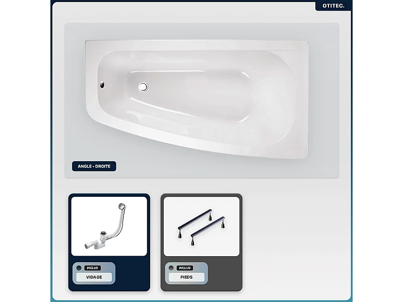 Baignoire asymétrique - 150 x 80 cm - Droite - sans Habillage - avec Pieds - Vidage Chrome - LUNA