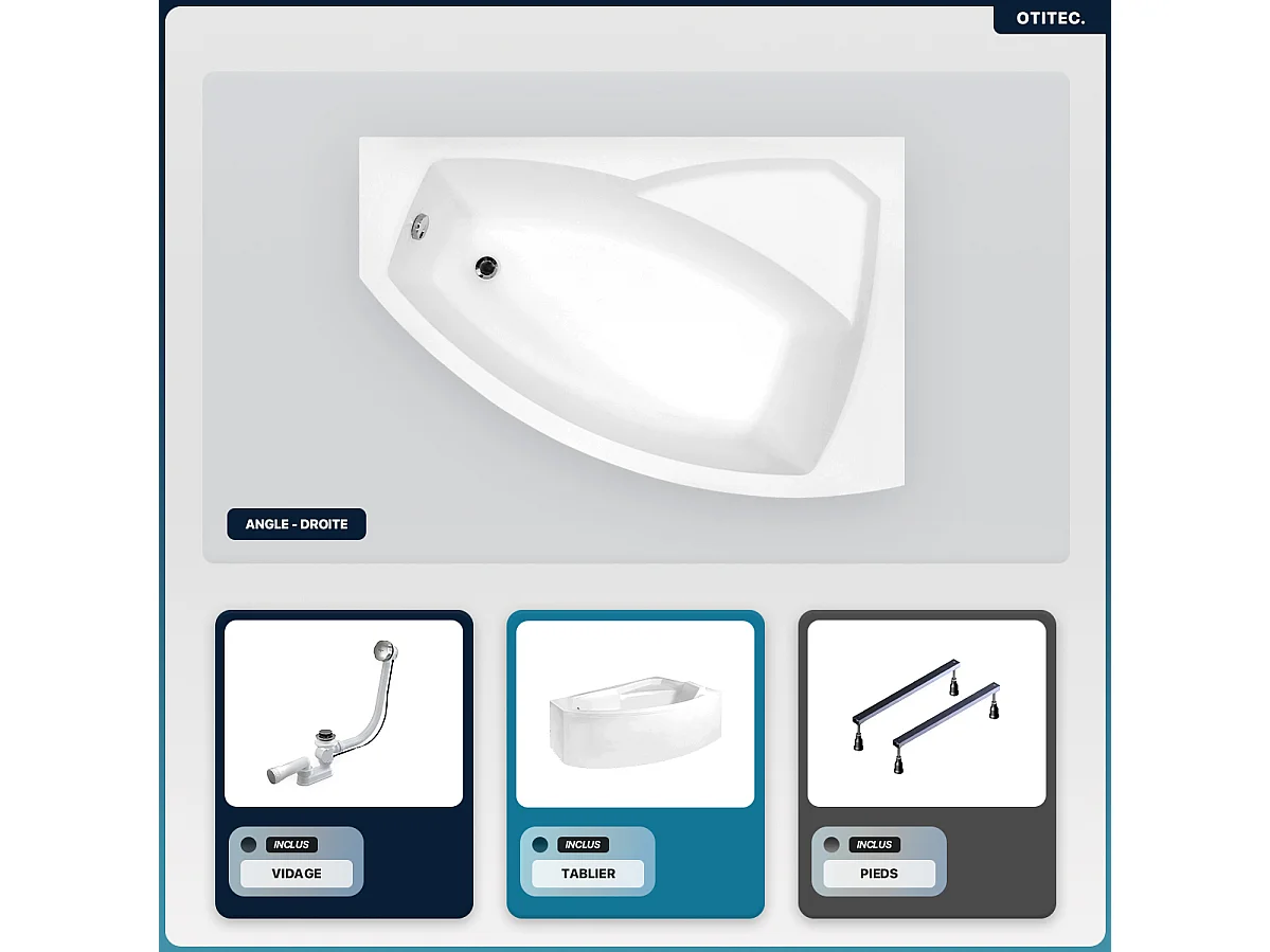 Baignoire asymétrique - 130 x 85 cm - Droite - avec Tablier - Pieds - Vidage Chrome - RIMA