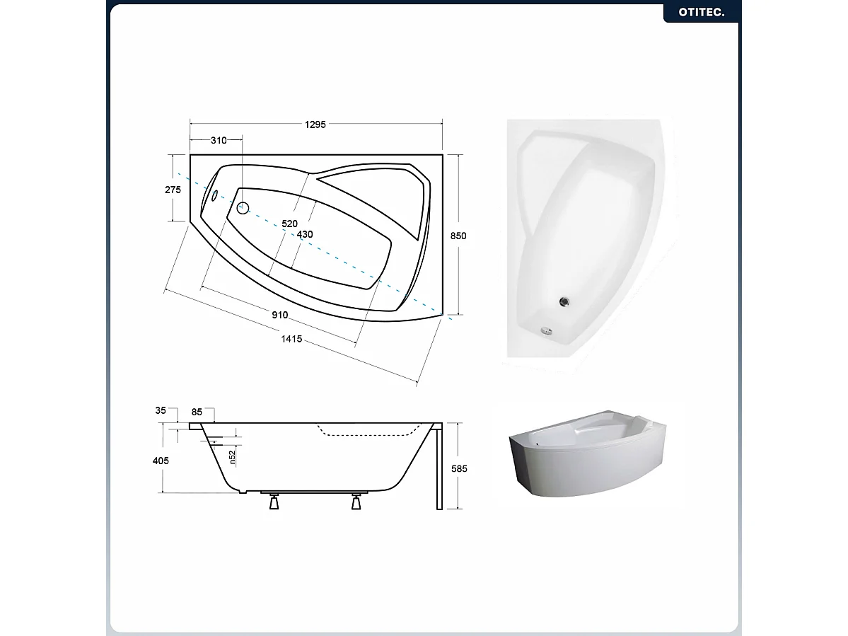 Baignoire asymétrique - 130 x 85 cm - Droite - avec Tablier - Pieds - Vidage Chrome - RIMA