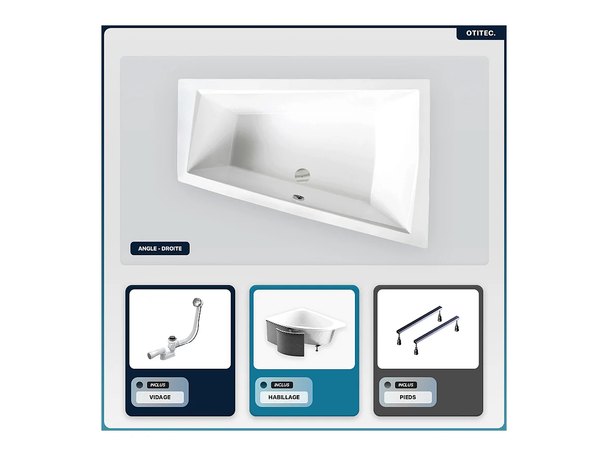 Baignoire asymétrique - 180 x 125 cm - Droite - avec Habillage - Pieds - Vidage Chrome - INTIMA DUO SLIM