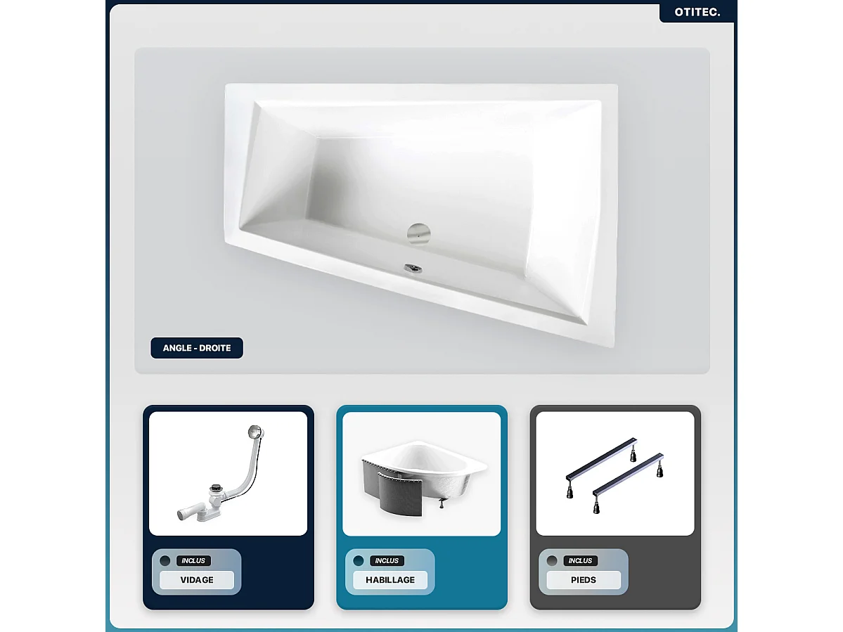 Baignoire asymétrique - 180 x 125 cm - Droite - avec Habillage - Pieds - Vidage Chrome - INTIMA DUO SLIM