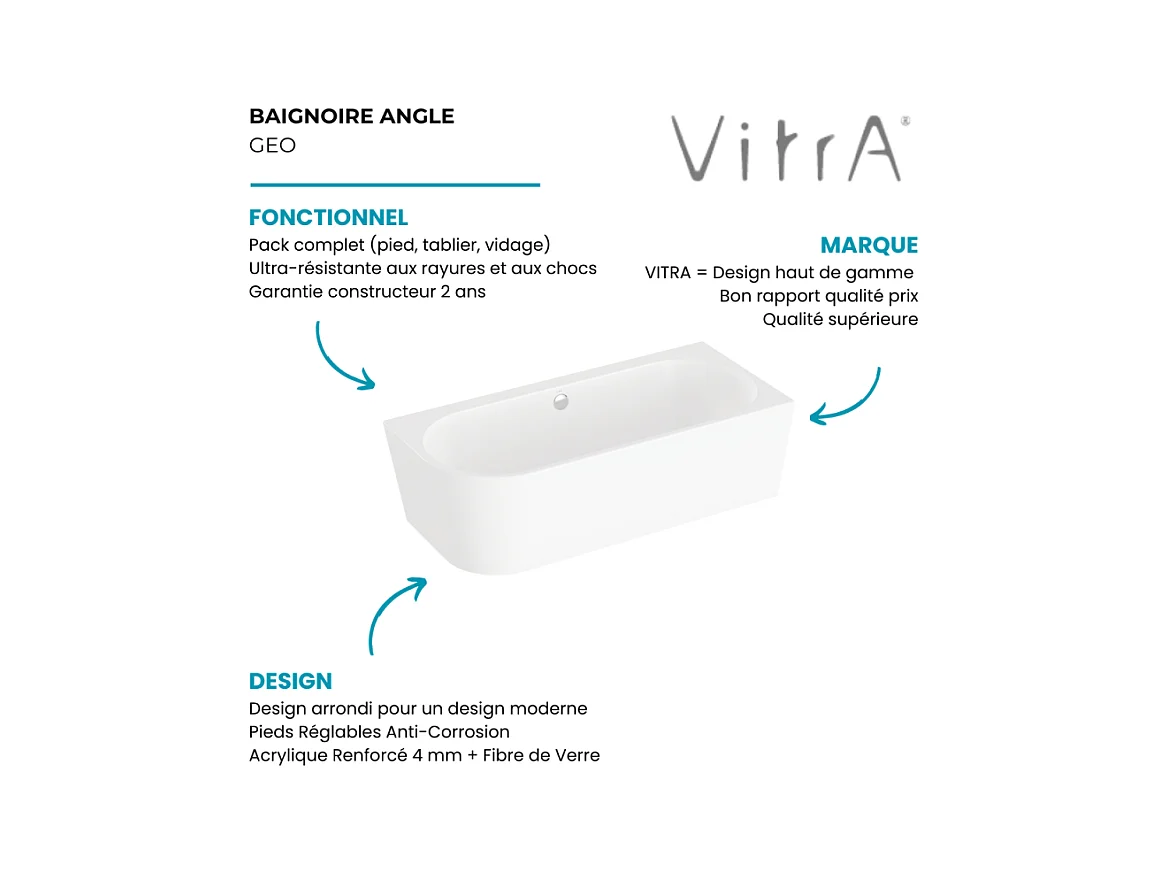 Baignoire murale angle à droite VITRA Geo 180x80 + pieds + siphon standard