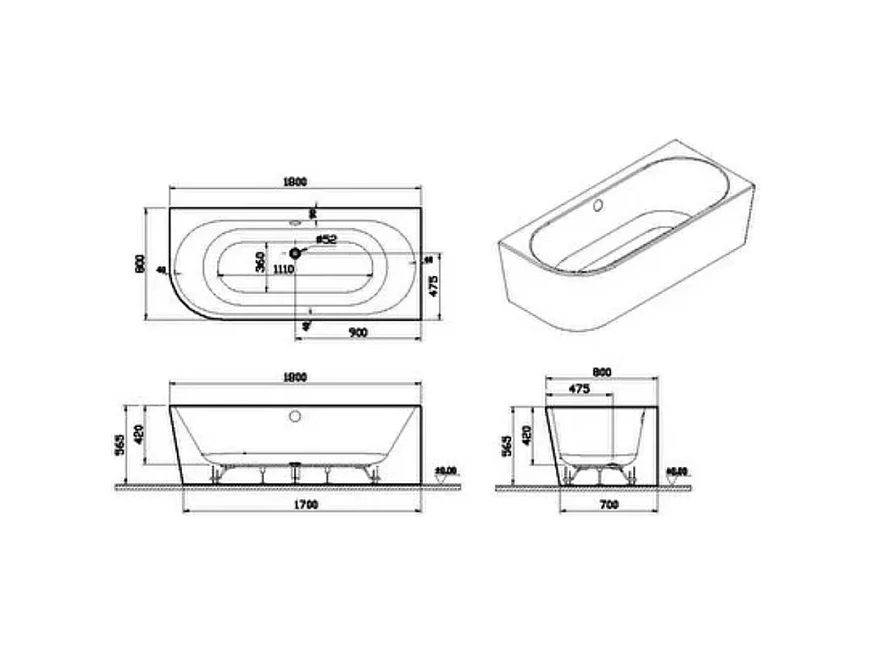 Baignoire murale angle à droite VITRA Geo 180x80 + pieds + siphon standard