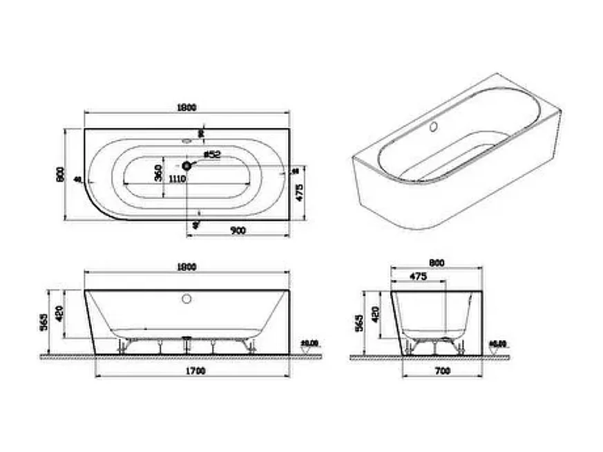 Baignoire murale angle à droite VITRA Geo 180x80 + pieds + siphon standard