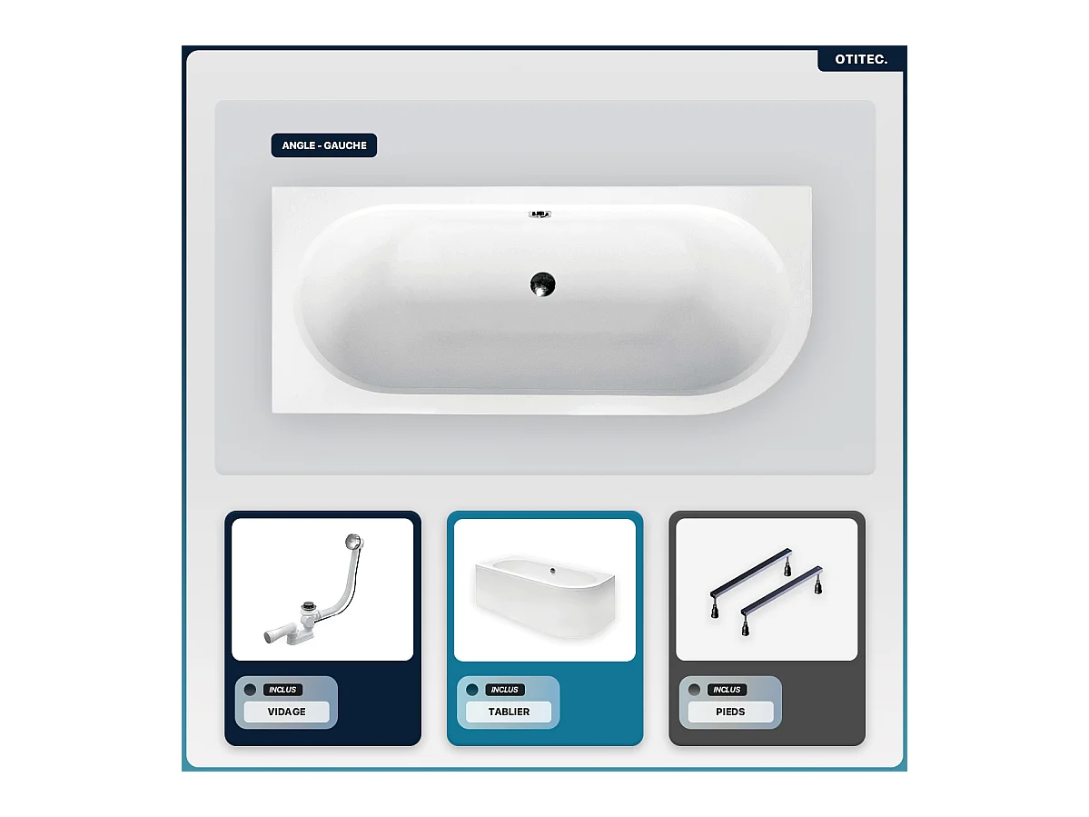 Baignoire asymétrique - 150 x 75 cm - Gauche - avec Tablier Blanc - Pieds - Vidage Chrome - AVITA