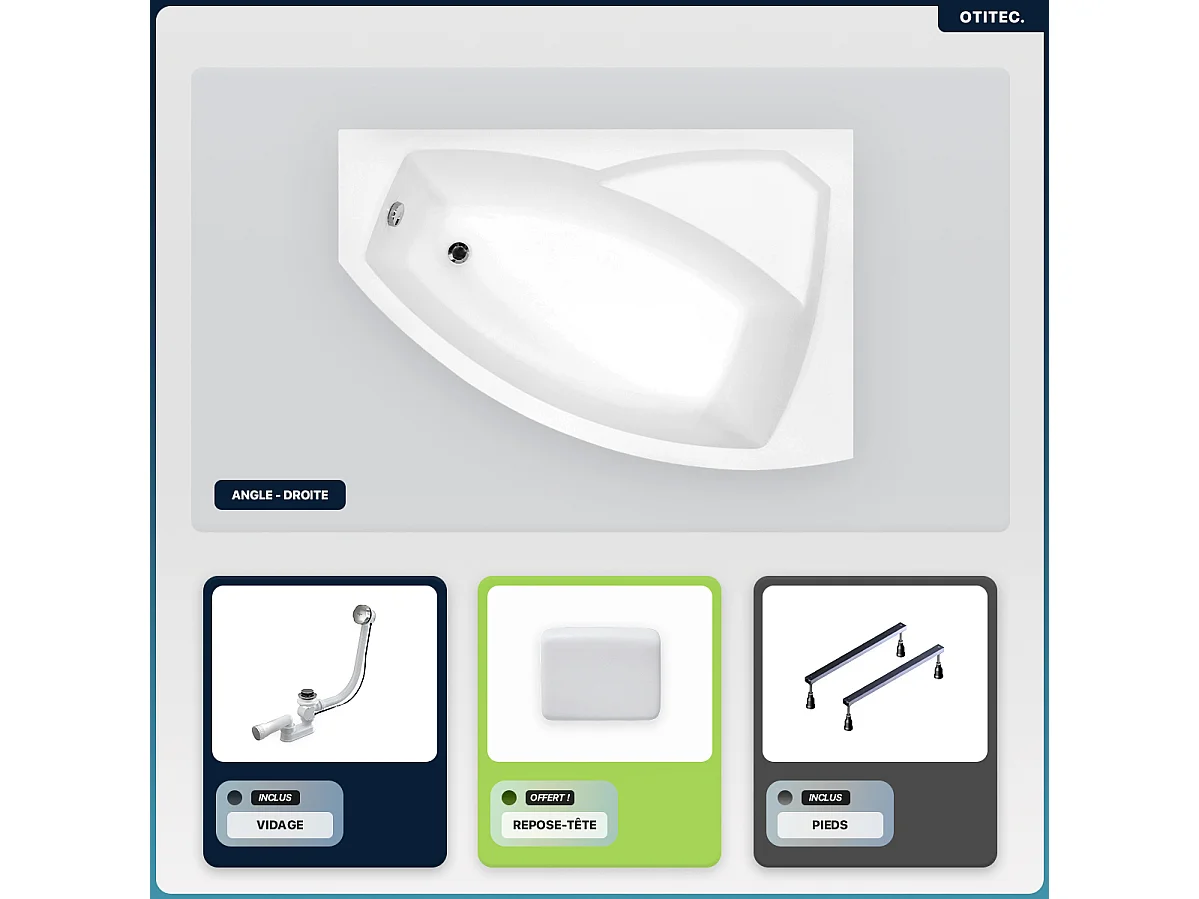 Baignoire asymétrique - 170 x 110 cm - Droite - sans Habillage - avec Pieds - Repose-tête - Vidage Chrome - RIMA