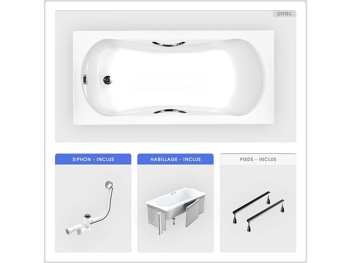 Baignoire rectangulaire - 150 x 70 cm - avec Habillage - Pieds - Poignées - Vidage Chrome - ARIA PLUS