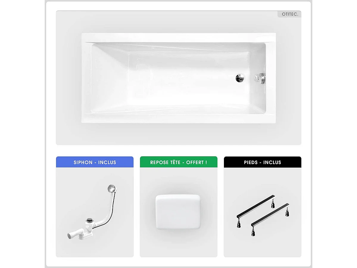 Baignoire rectangulaire - 170 x 70 cm - sans Habillage - avec Pieds - Repose-tête - Vidage Chrome - MODERN
