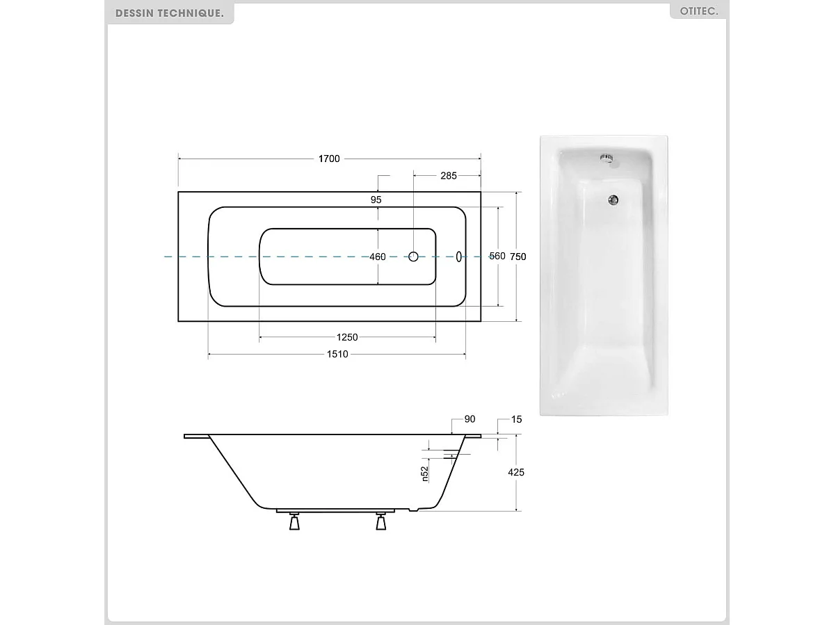 Baignoire rectangulaire - 170 x 75 cm - sans Habillage - avec Pieds - Vidage Chrome - TALIA SLIM