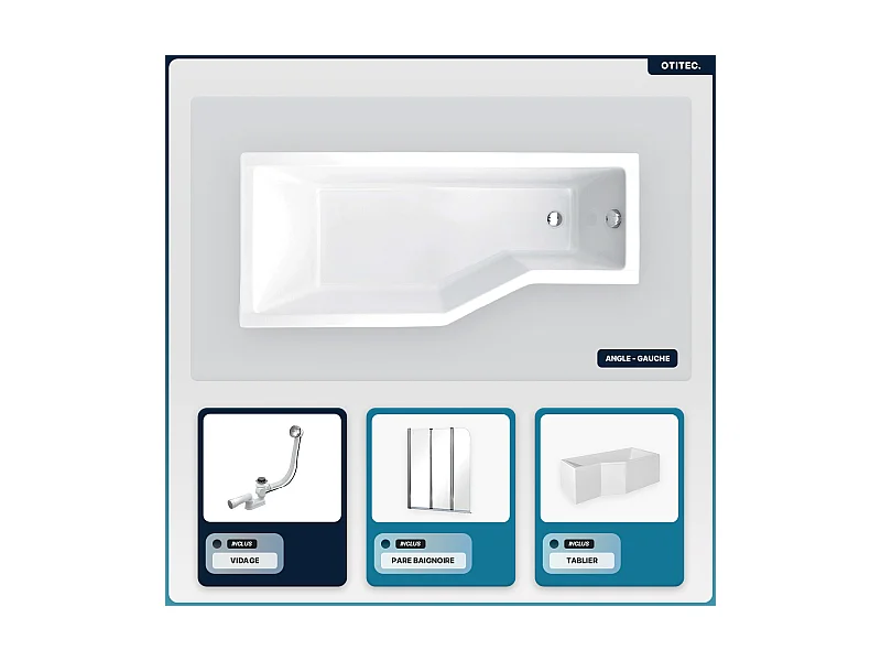 Baignoire asymétrique - 150 x 75 cm - Gauche - avec Tablier - Pieds - Pare Baignoire 3 Volets - Vidage Chrome - INTEGRA