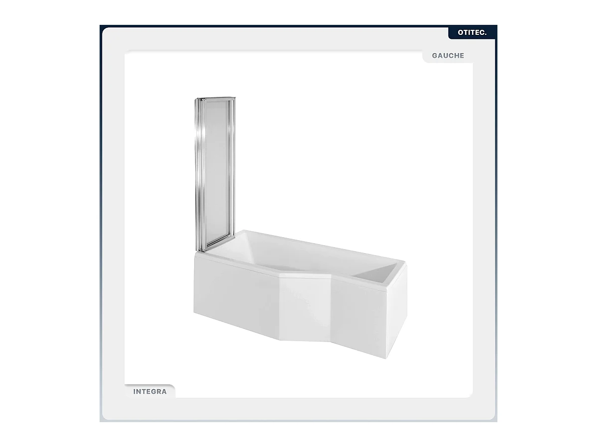 Baignoire asymétrique - 150 x 75 cm - Gauche - avec Tablier - Pieds - Pare Baignoire 3 Volets - Vidage Chrome - INTEGRA