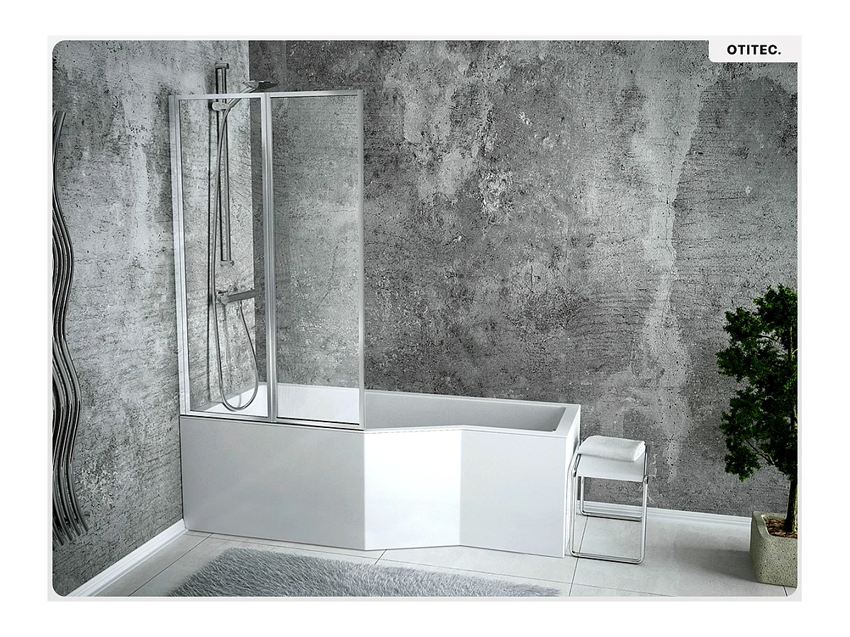 Baignoire asymétrique - 150 x 75 cm - Gauche - avec Tablier - Pieds - Pare Baignoire 3 Volets - Vidage Chrome - INTEGRA