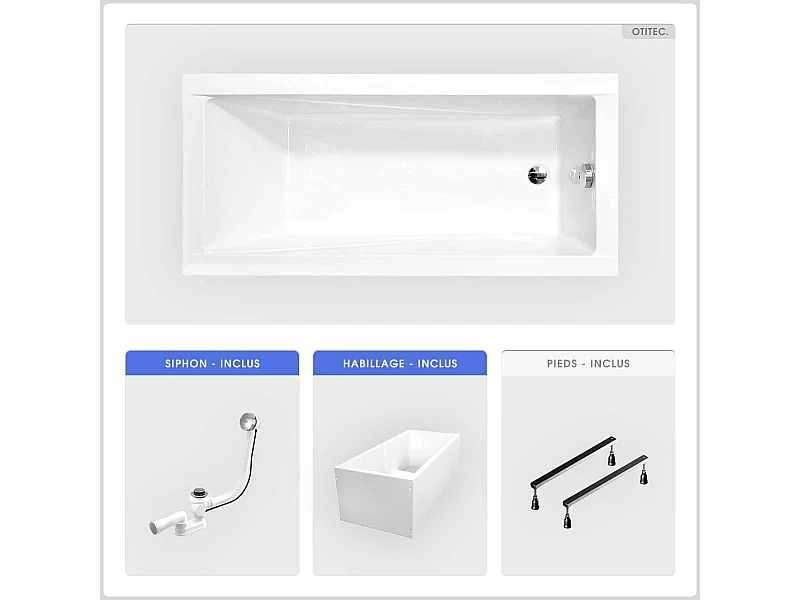 Baignoire rectangulaire - 130 x 70 cm - avec Habillage Polystyrène - Pieds - Vidage Chrome - MODERN