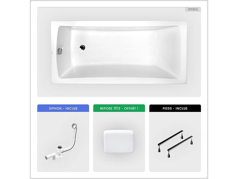 Baignoire rectangulaire - 170 x 70 cm - sans Habillage - avec Pieds - Repose-tête - Vidage Chrome - OPTIMA
