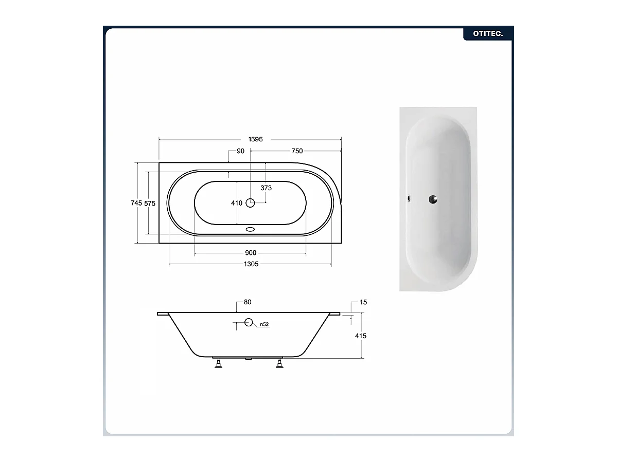 Baignoire asymétrique - 160 x 75 cm - Droite - avec Habillage - Pieds - Vidage Chrome - AVITA SLIM