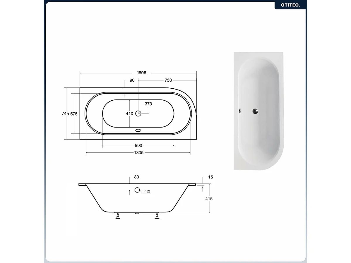 Baignoire asymétrique - 160 x 75 cm - Droite - avec Habillage - Pieds - Vidage Chrome - AVITA SLIM