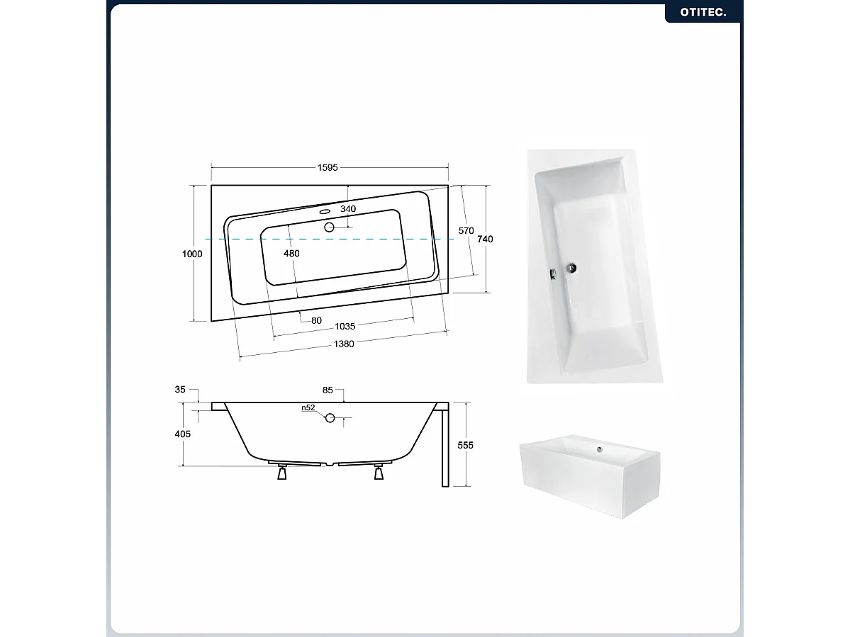 Baignoire asymétrique - 160 x 100 cm - Gauche - avec Tablier Blanc - Pieds - Vidage Chrome - INFINITY