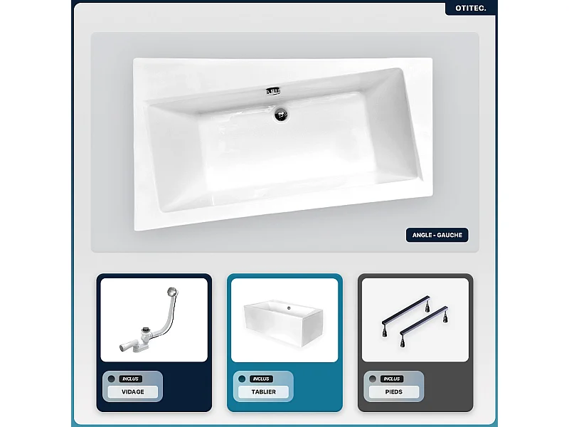 Baignoire asymétrique - 160 x 100 cm - Gauche - avec Tablier Blanc - Pieds - Vidage Chrome - INFINITY