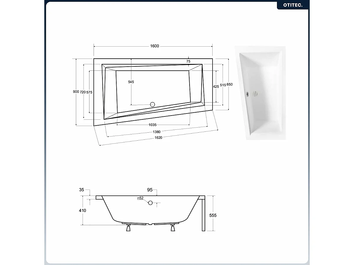 Baignoire asymétrique - 160 x 90 cm - Gauche - avec Tablier - Pieds - Vidage Chrome - INTIMA