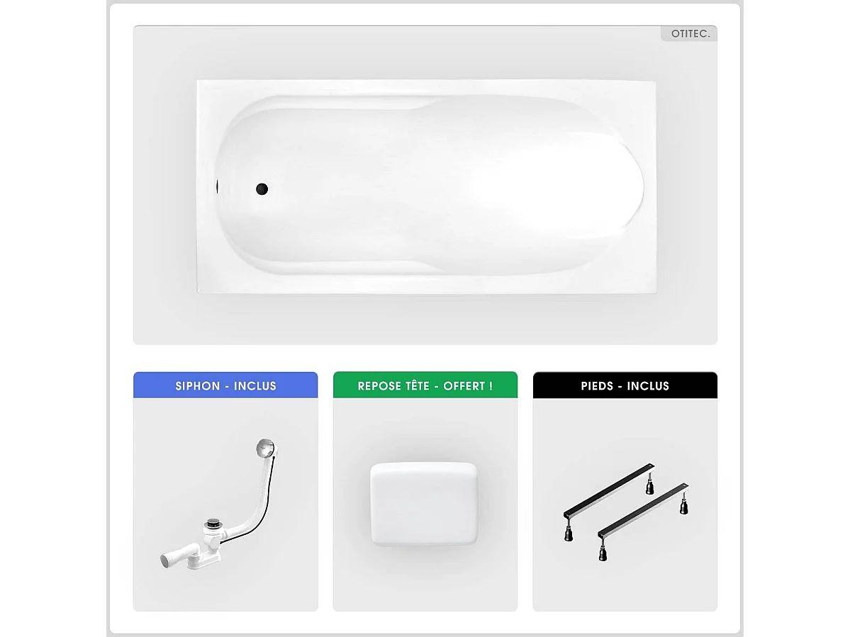 Baignoire rectangulaire - 190 x 80 cm - sans Habillage - avec Pieds - Repose-tête - Vidage Chrome - BONA