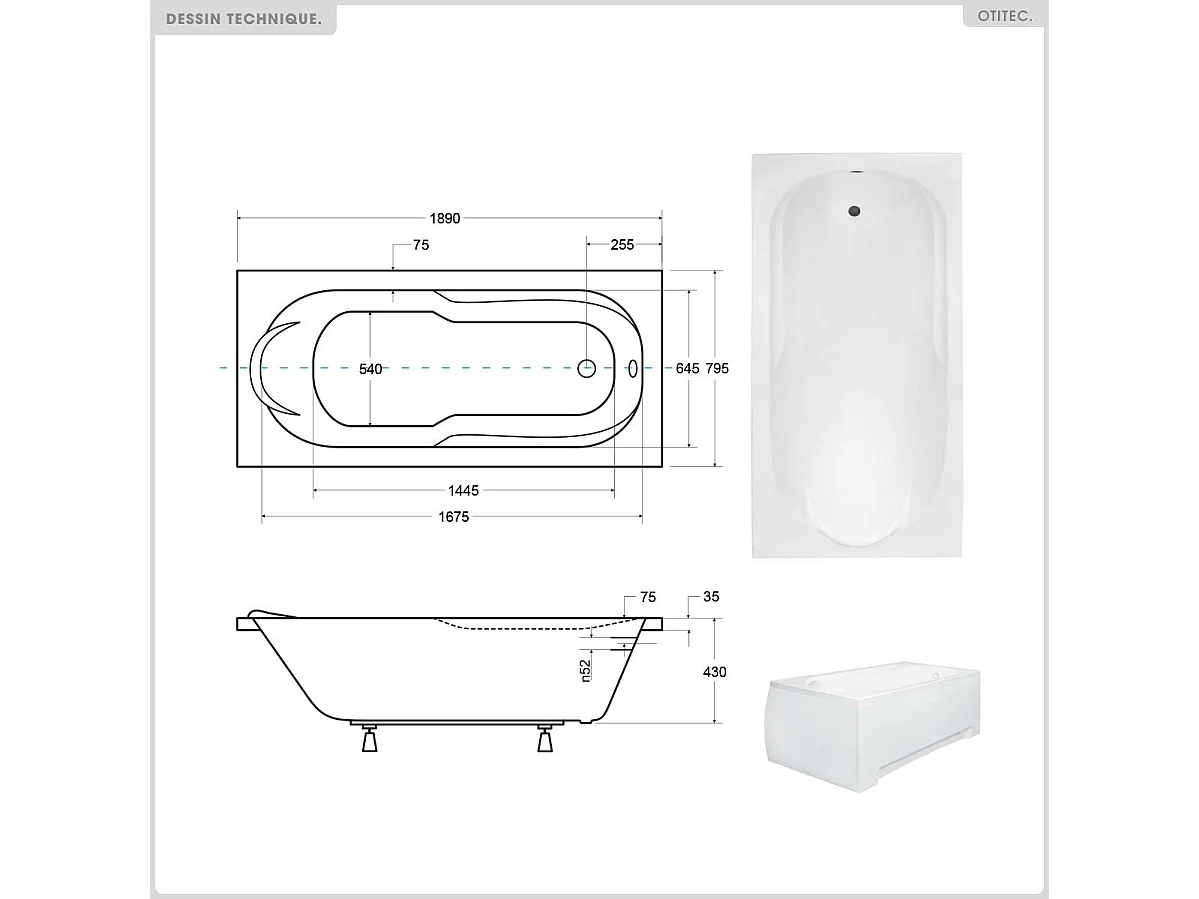 Baignoire rectangulaire - 190 x 80 cm - sans Habillage - avec Pieds - Repose-tête - Vidage Chrome - BONA