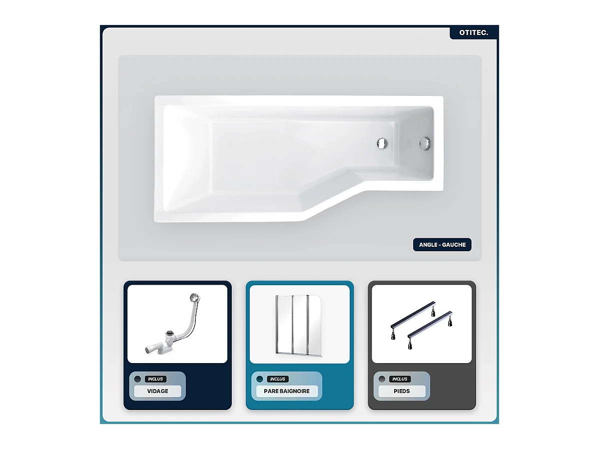 Baignoire asymétrique - 150 x 75 cm - Gauche - sans Habillage - avec Pieds - Pare Baignoire 3 Volets - Vidage Chrome - INTEGRA