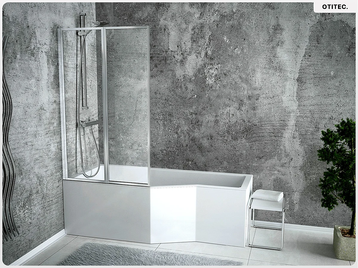 Baignoire asymétrique - 150 x 75 cm - Gauche - sans Habillage - avec Pieds - Pare Baignoire 3 Volets - Vidage Chrome - INTEGRA