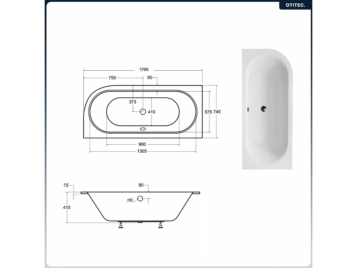 Baignoire asymétrique - 180 x 80 cm - Gauche - sans Habillage - avec Pieds - Vidage Chrome - AVITA SLIM