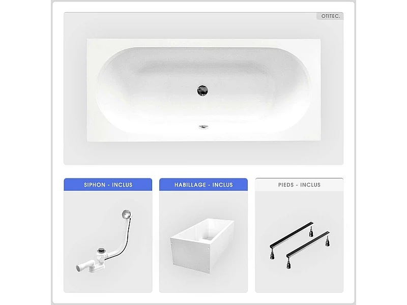 Baignoire rectangulaire - 160 x 75 cm - avec Habillage Polystyrène - Pieds - Vidage Chrome - VITAE SLIM