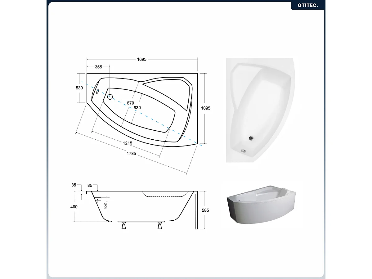 Baignoire asymétrique - 170 x 110 cm - Droite - avec Tablier - Pieds - Vidage Chrome - RIMA
