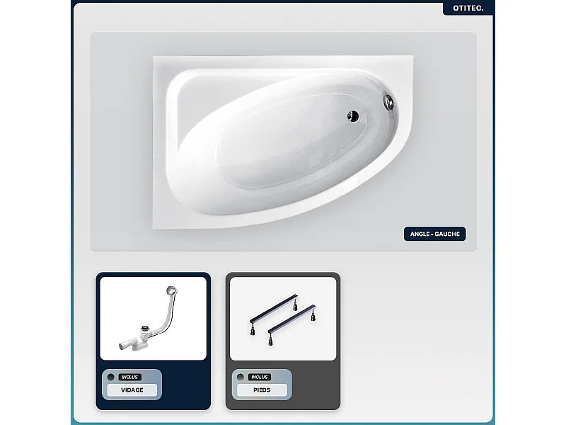 Baignoire asymétrique - 140 x 80 cm - Gauche - sans Habillage - avec Pieds - Vidage Chrome - CORNEA