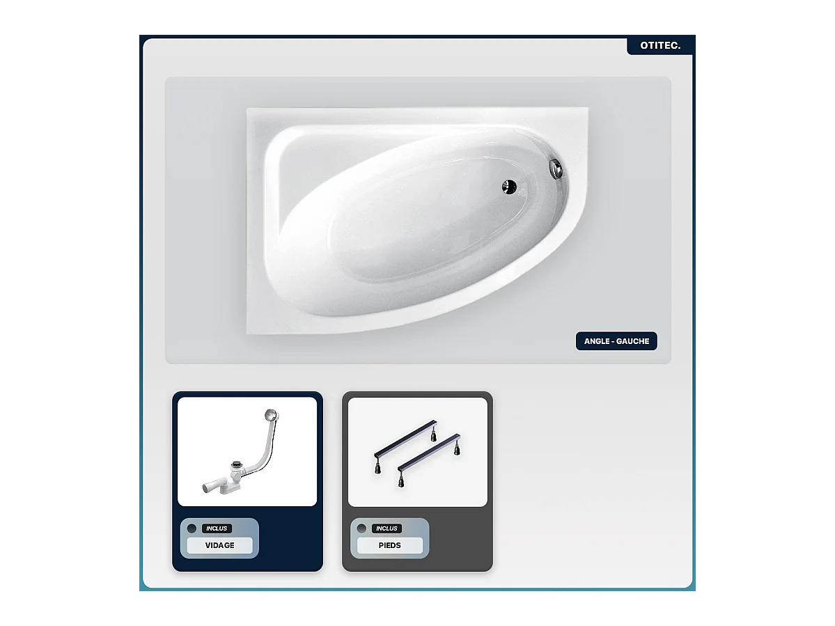 Baignoire asymétrique - 140 x 80 cm - Gauche - sans Habillage - avec Pieds - Vidage Chrome - CORNEA