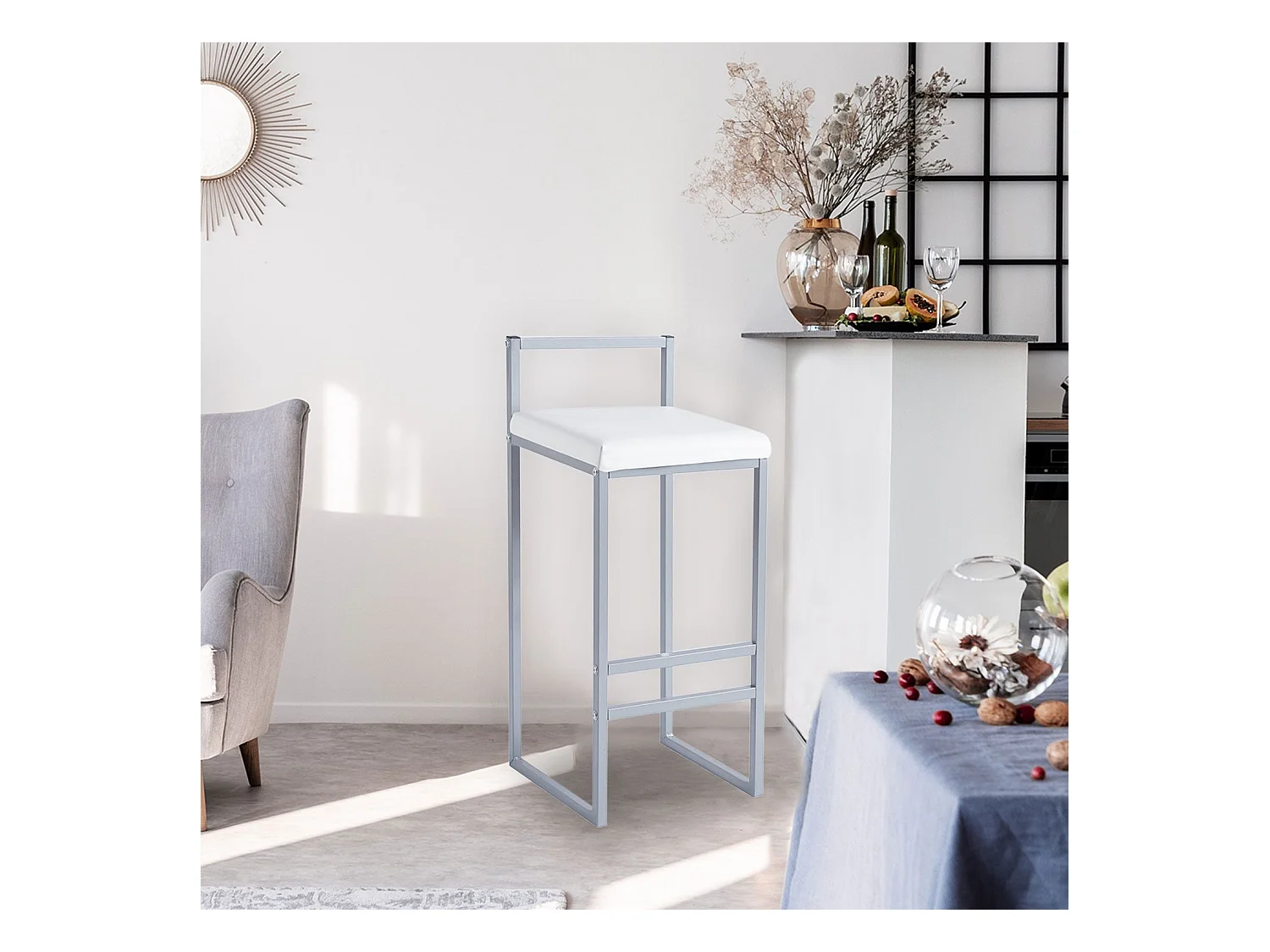 Tabouret de bar en métal Drakkar Argent et Velours Blanc