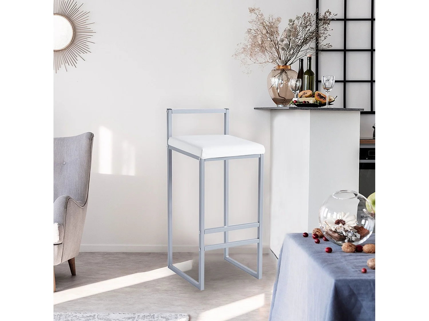 Tabouret de bar en métal Drakkar Argent et Velours Blanc