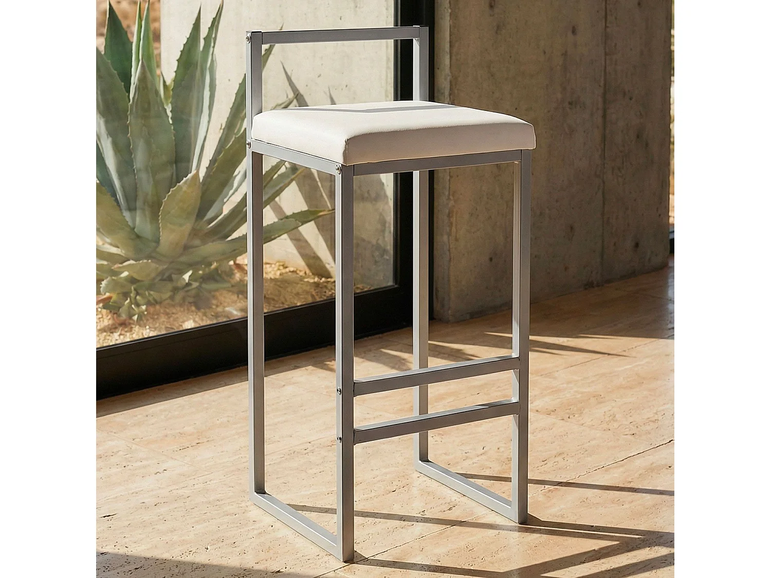 Tabouret de bar en métal Drakkar Argent et Velours Blanc