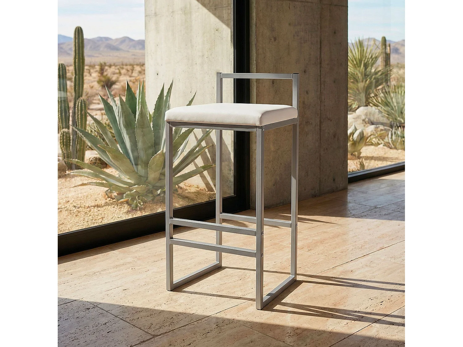 Tabouret de bar en métal Drakkar Argent et Velours Blanc