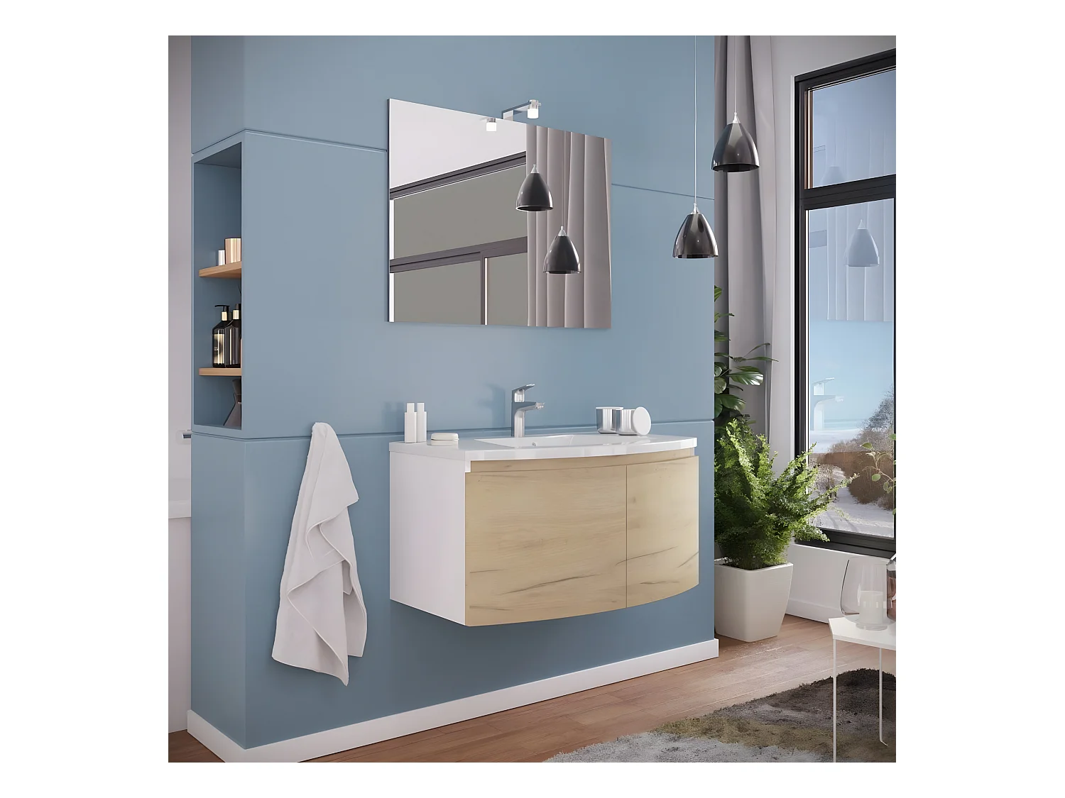 Meuble de salle de bain suspendu 2 portes "Ettore" en chêne fumé avec miroir LED et vasque en céramique 80x49 cm 42h