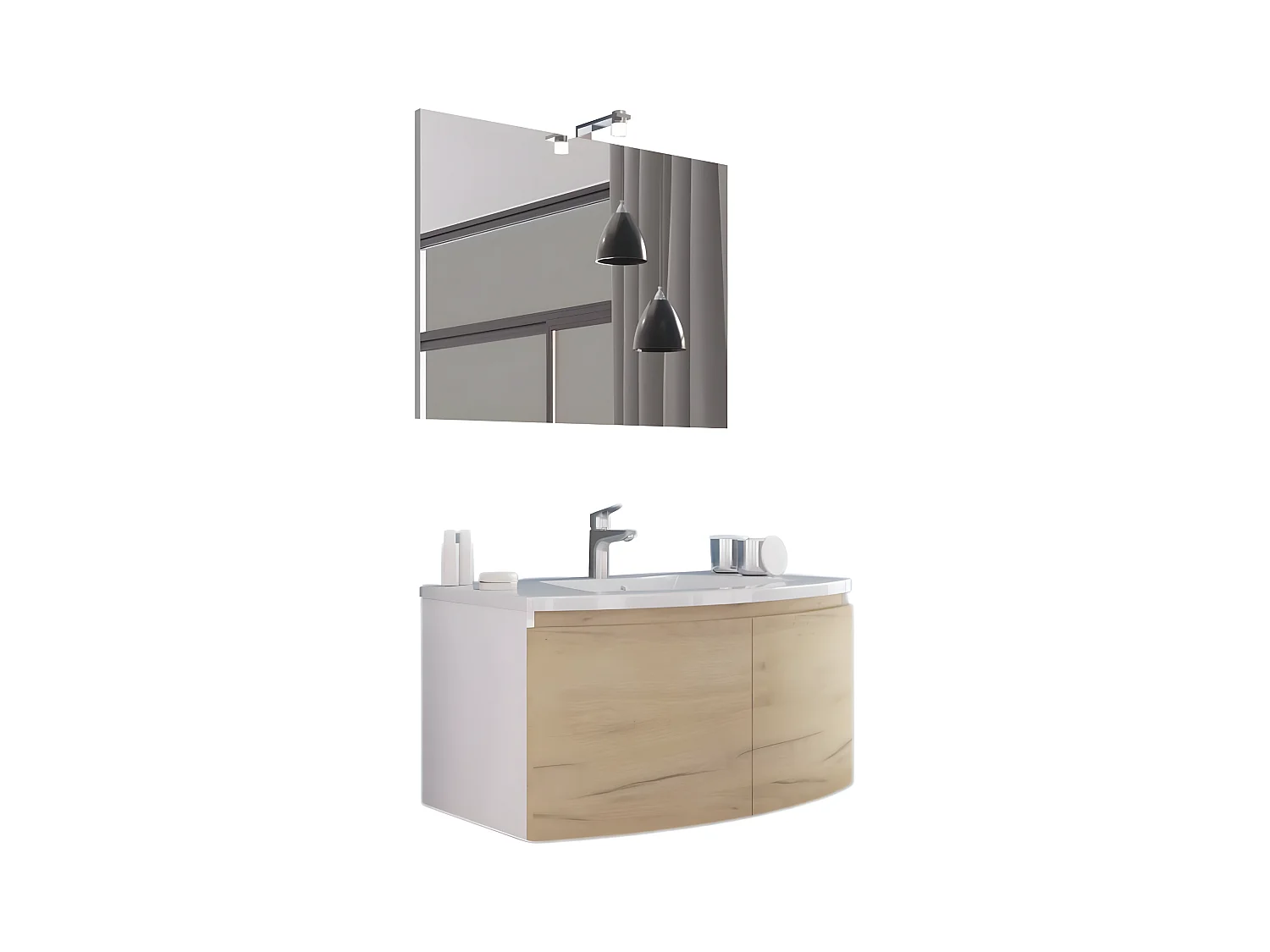Meuble de salle de bain suspendu 2 portes "Ettore" en chêne fumé avec miroir LED et vasque en céramique 80x49 cm 42h