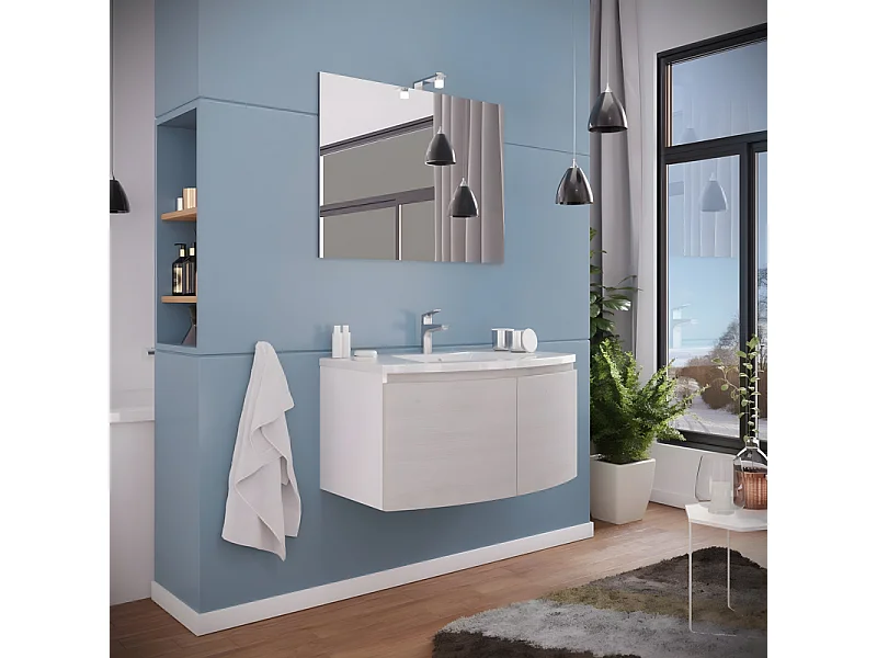 Sospeso mobile da rovere gris "Ettore" 2 places avec specchio LED et évier en céramique cm 80x49 42h