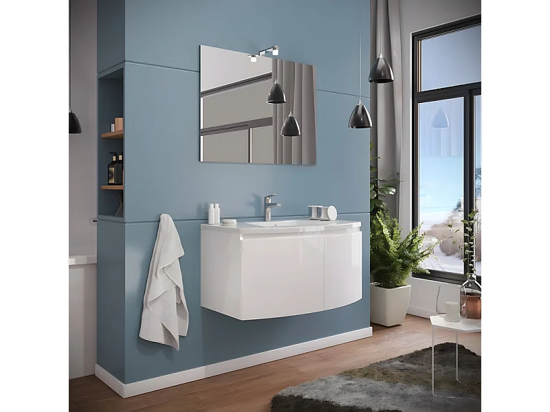 Móvil sospeso da bagno bianco lucid "Ettore" a 2 ante con espejo LED y inodoro de cerámica cm 80x49 42h