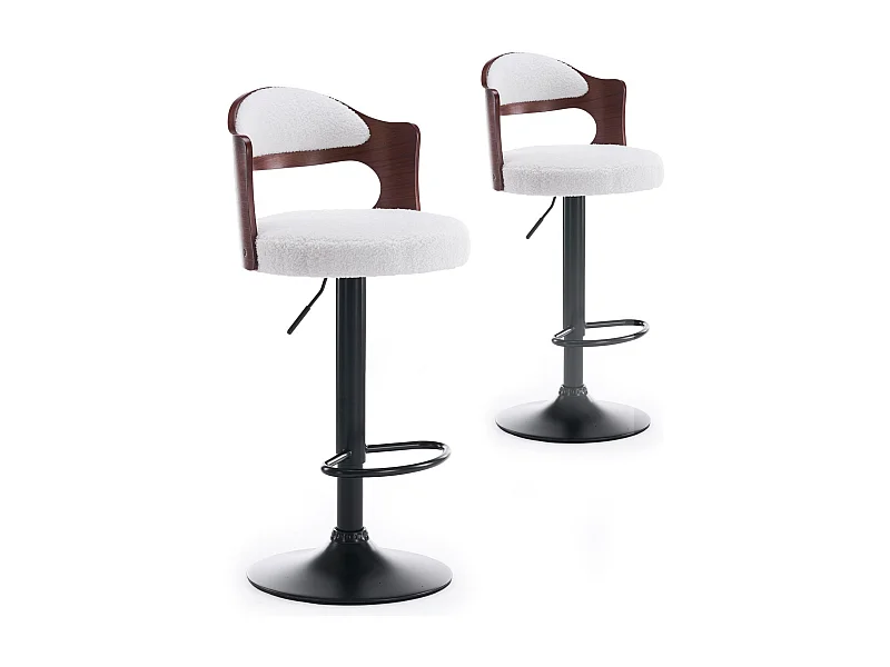 Lot de 2 chaises de bar Ruben Métal noir avec Bois noisette & Tissu bouclette Crème