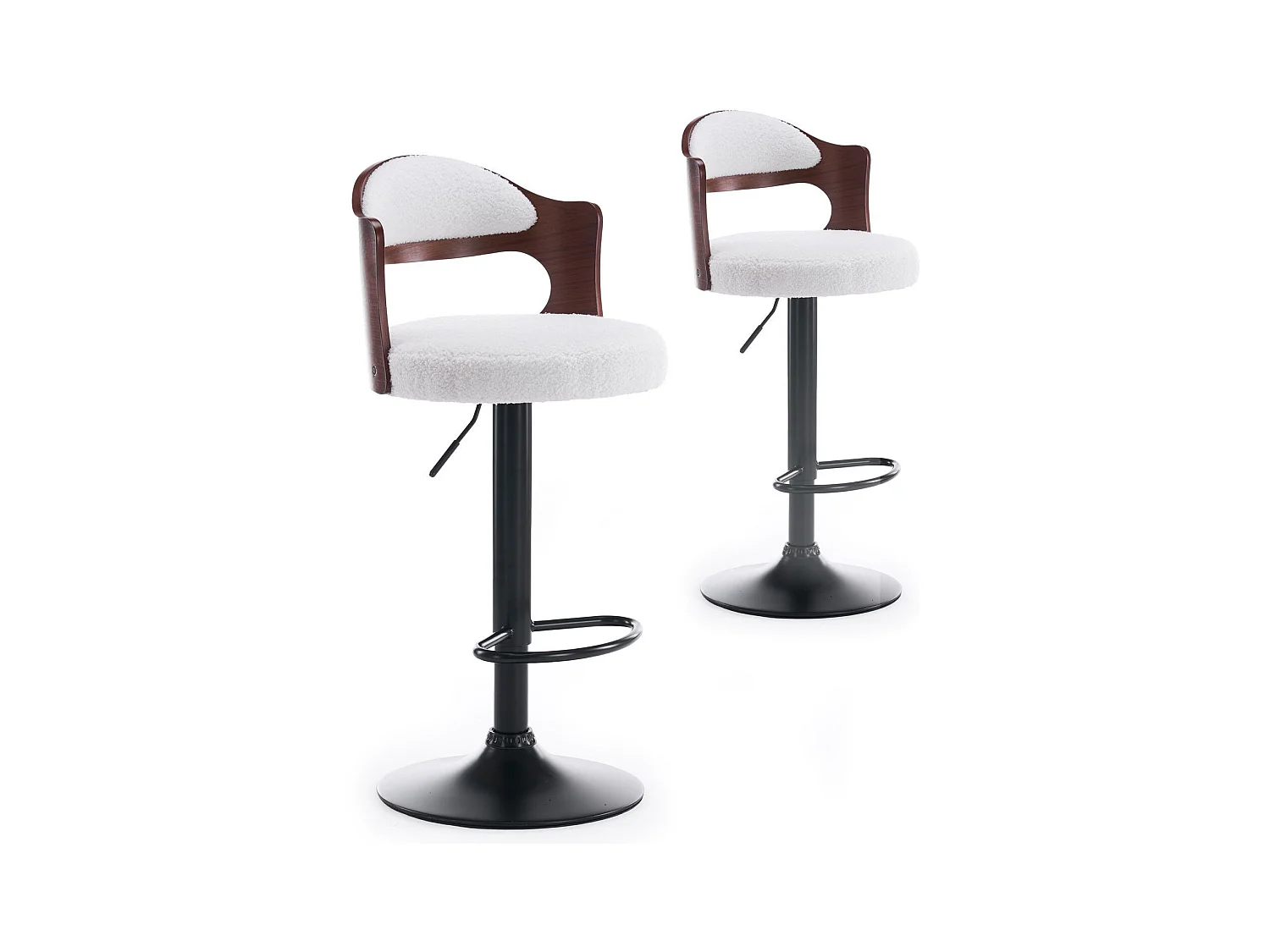 Lot de 2 chaises de bar Ruben Métal noir avec Bois noisette & Tissu bouclette Crème