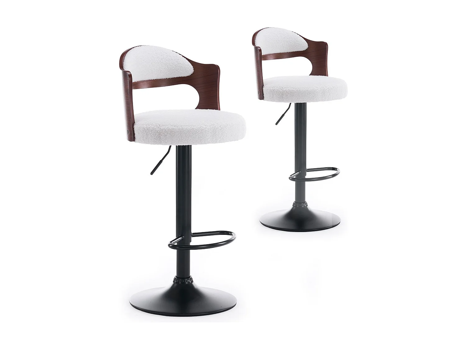 Lot de 2 chaises de bar Ruben Métal noir avec Bois noisette & Tissu bouclette Crème