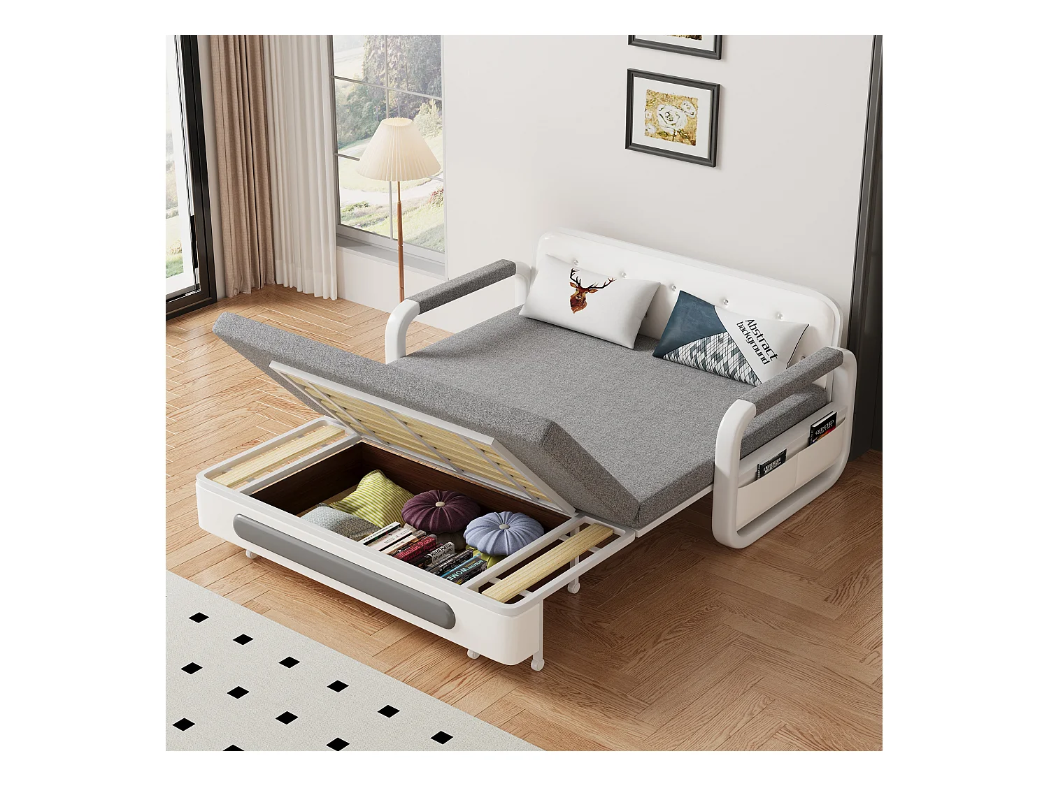 Canapé-lit Extensible 150 cm, Canapé avec Fonction de Couchage et Espace de Rangement, Canapé Convertible pour Petits espaces et Salon, Gris foncé et Blanc (150 cm)