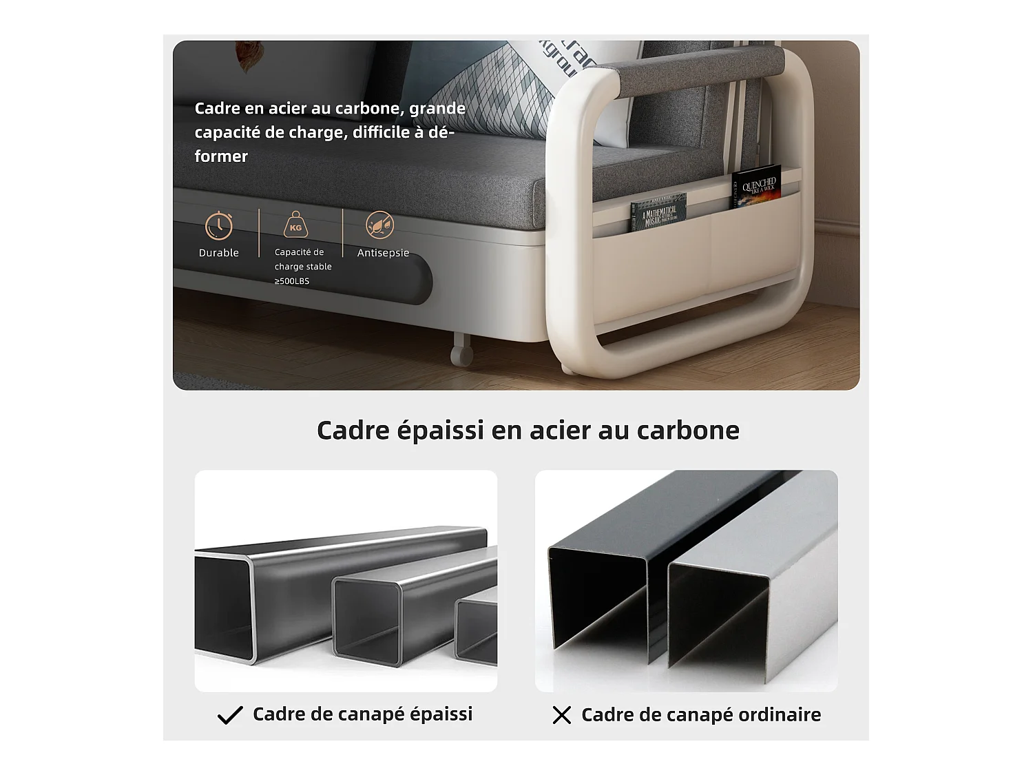 Canapé-lit Extensible 150 cm, Canapé avec Fonction de Couchage et Espace de Rangement, Canapé Convertible pour Petits espaces et Salon, Gris foncé et Blanc (150 cm)