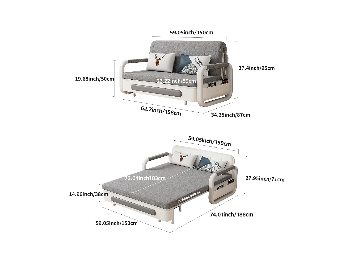Canapé-lit Extensible 150 cm, Canapé avec Fonction de Couchage et Espace de Rangement, Canapé Convertible pour Petits espaces et Salon, Gris foncé et Blanc (150 cm)