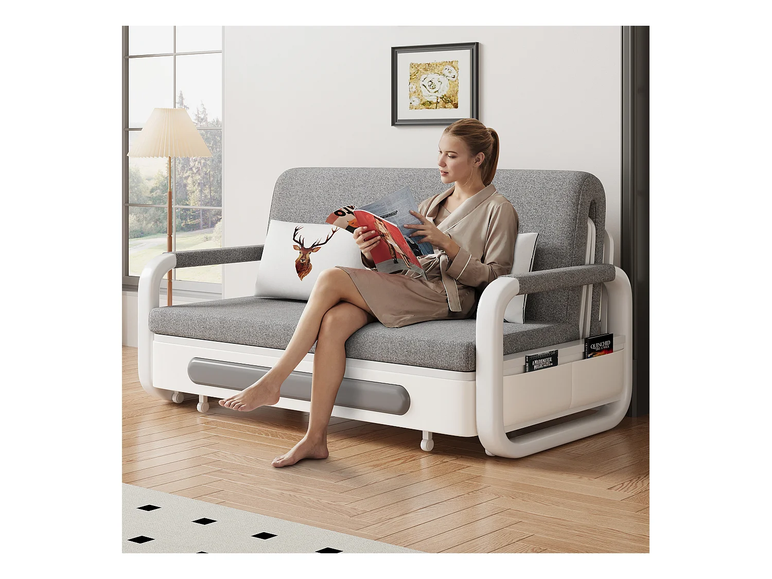 Canapé-lit Extensible 150 cm, Canapé avec Fonction de Couchage et Espace de Rangement, Canapé Convertible pour Petits espaces et Salon, Gris foncé et Blanc (150 cm)