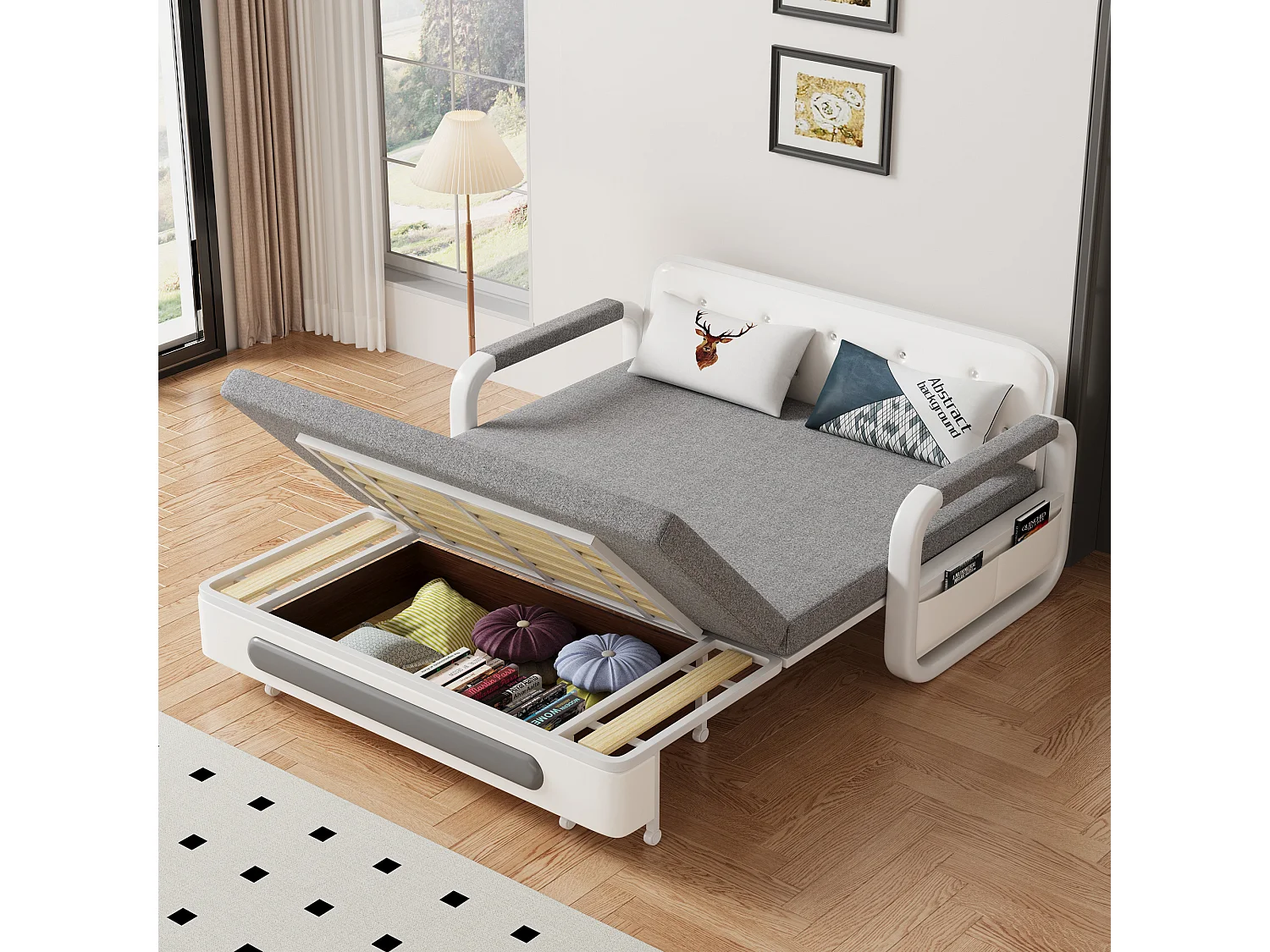 Canapé-lit Extensible 150 cm, Canapé avec Fonction de Couchage et Espace de Rangement, Canapé Convertible pour Petits espaces et Salon, Gris foncé et Blanc (150 cm)