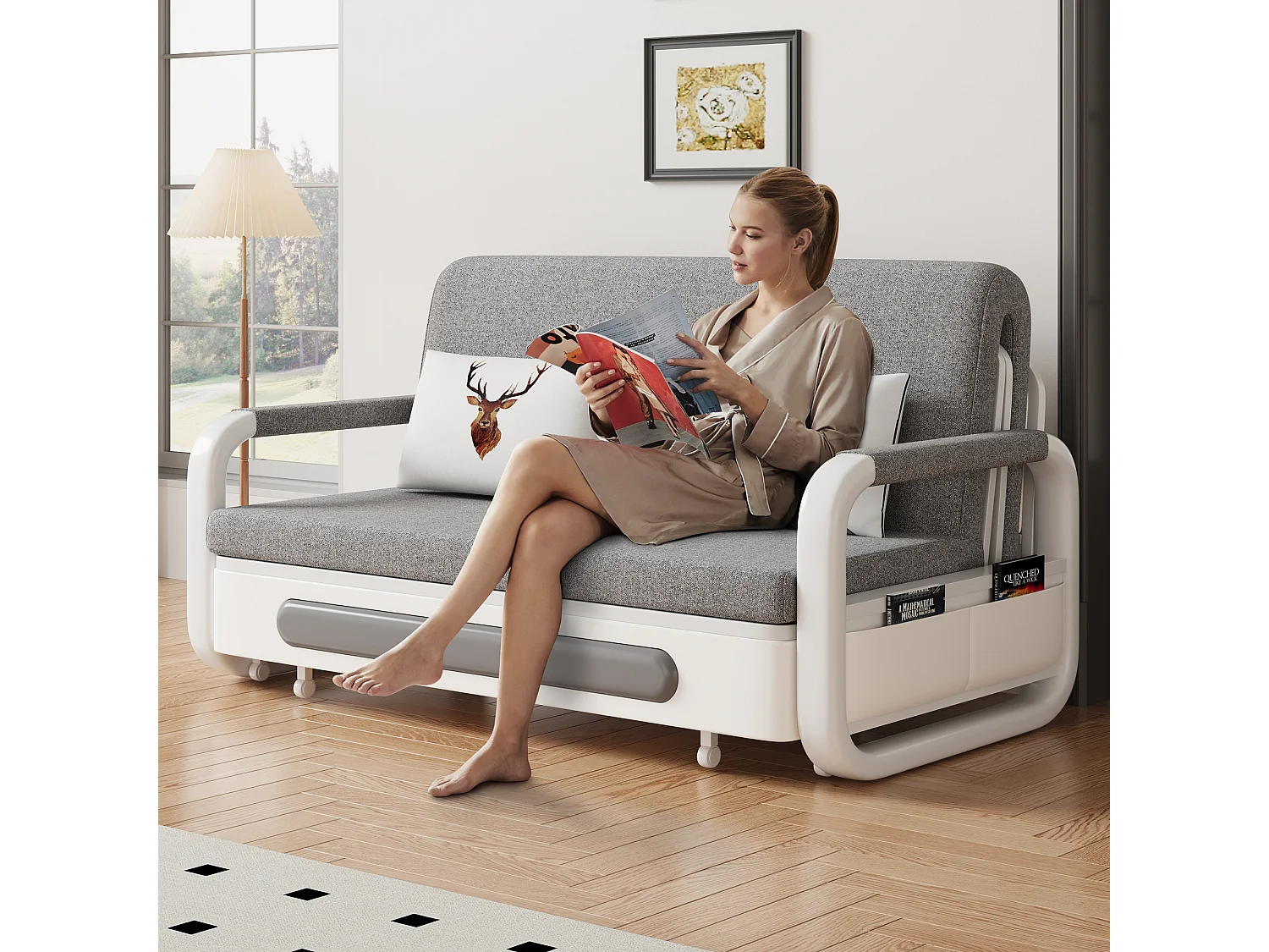 Canapé-lit Extensible 150 cm, Canapé avec Fonction de Couchage et Espace de Rangement, Canapé Convertible pour Petits espaces et Salon, Gris foncé et Blanc (150 cm)